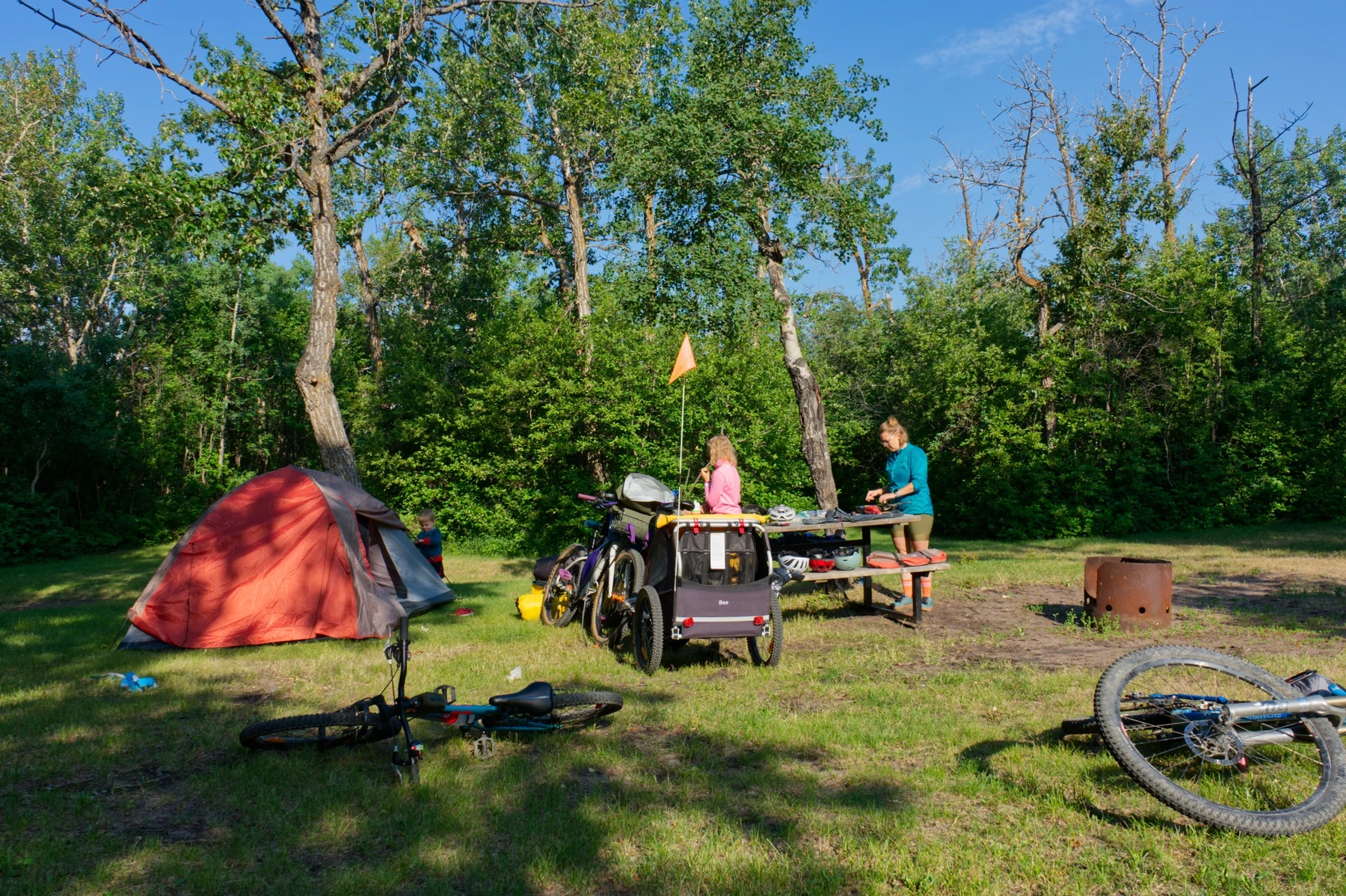 Family bikepacking campsite with bikes and trailer at Buffalo Lake