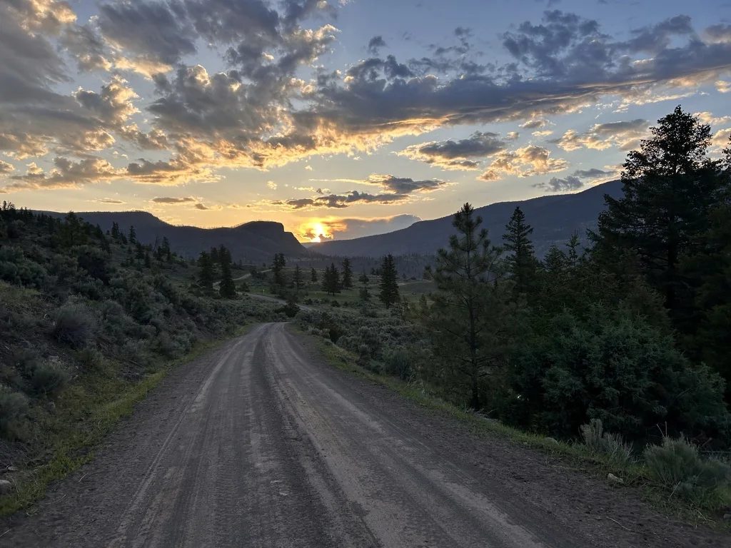 Quiet gravel road winding toward a sunset in Alberta